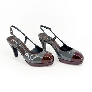 Chanel Gray Burgundy Patent Cap Toe Slingback Platform Pumps Size 37.5 US 6.5–7